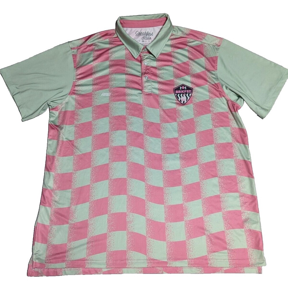 BREAKFAST BALLS‎ TEA TIME CITY Men Size XL Green Pink Checkered Polo Shirt